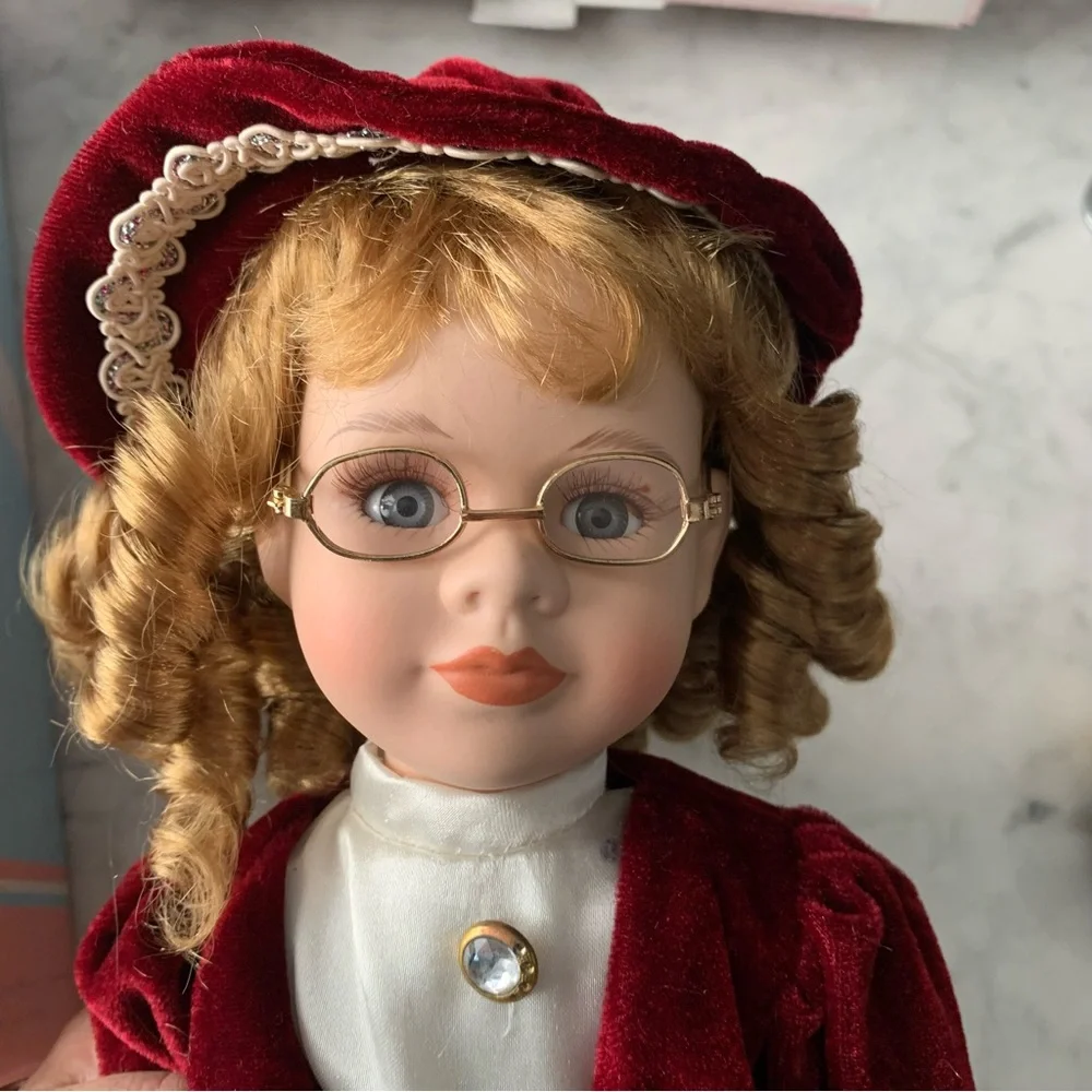 VTG Victorian Style Porcelain Doll Strawberry Blonde Hair With Glasses With Box